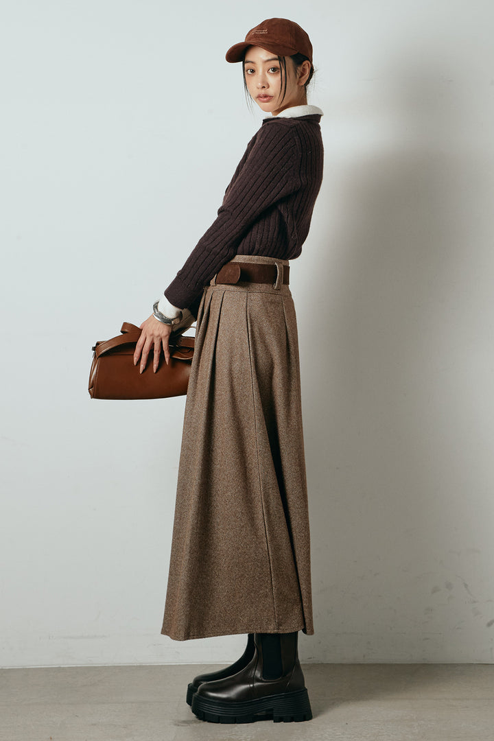 [SET]レイヤード風リブニットトップス+太ベルト付きヘリンボーンプリーツスカート(2set)