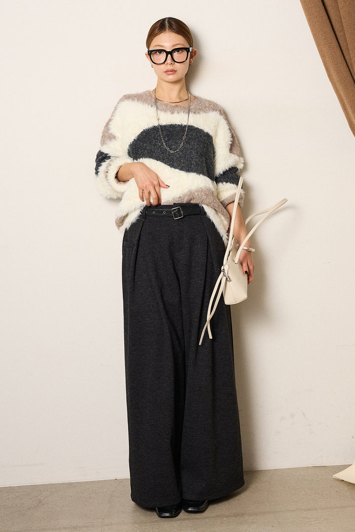 [SET]シャギーウェーブ柄クルーネックニットトップス+細ベルト付き起毛タックワイドパンツ(2set)