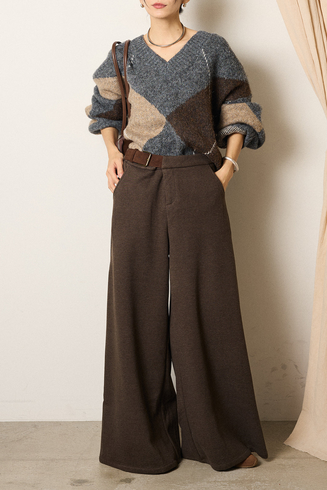 [SET]ルーズアーガイルVネックニット+サイドベルトパンツ(2set)