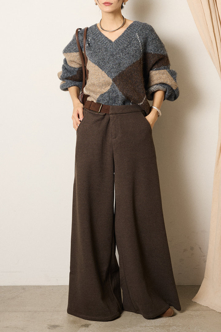 [SET]ルーズアーガイルVネックニット+サイドベルトパンツ(2set)