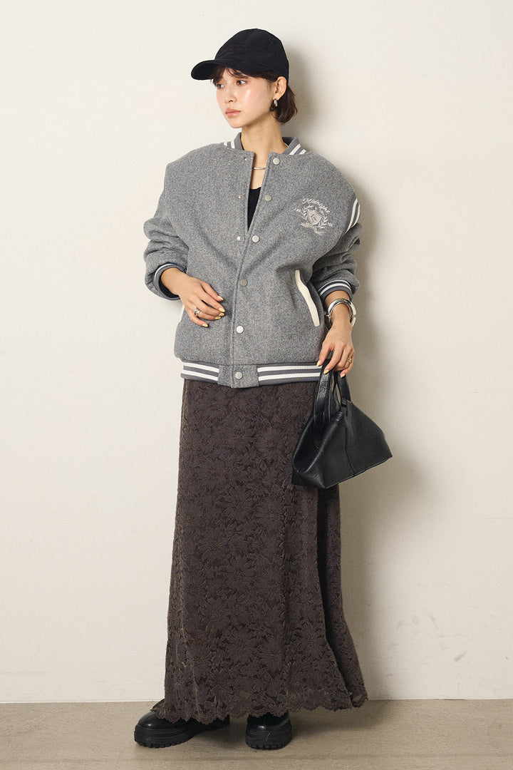 [SET]ワンポイントデザインブルゾン+花柄刺繍ベロアフレアスカート(2set)