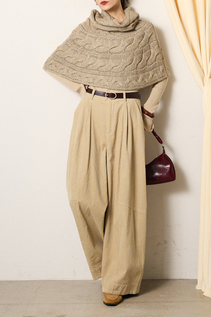 [SET]ケーブル編みケープレイヤードニット+タック入りコーデュロイワイドパンツ(2set)
