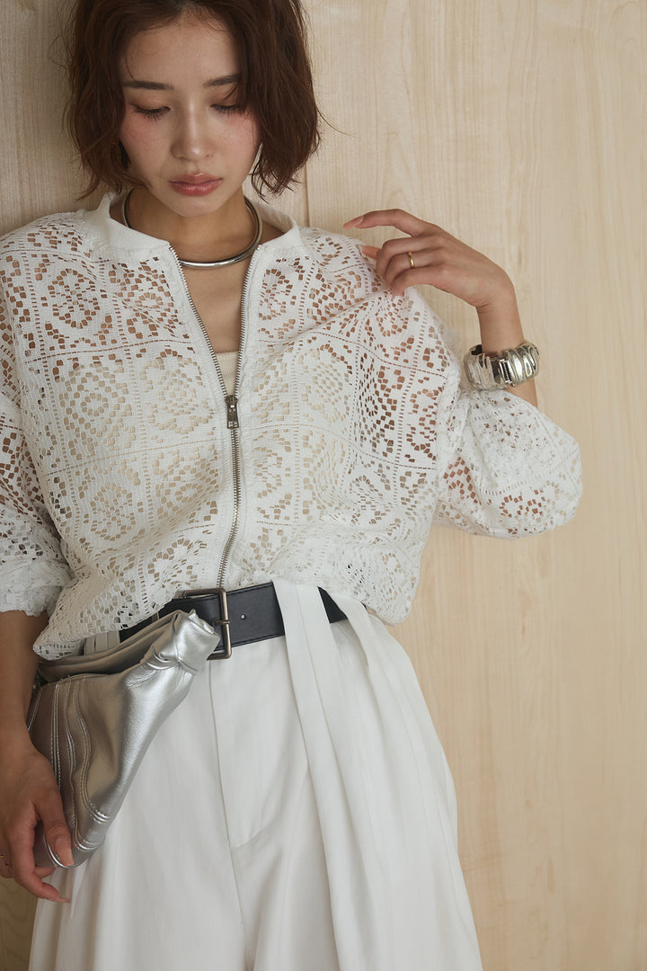 [SET]幾何レースブルゾン+ベルト付きビックループワイドパンツ(2set)