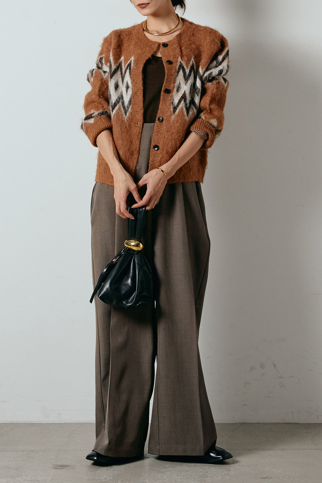 [SET]起毛ノルディック柄ニットカーディガン+ワイドツイルサロペット(2set)