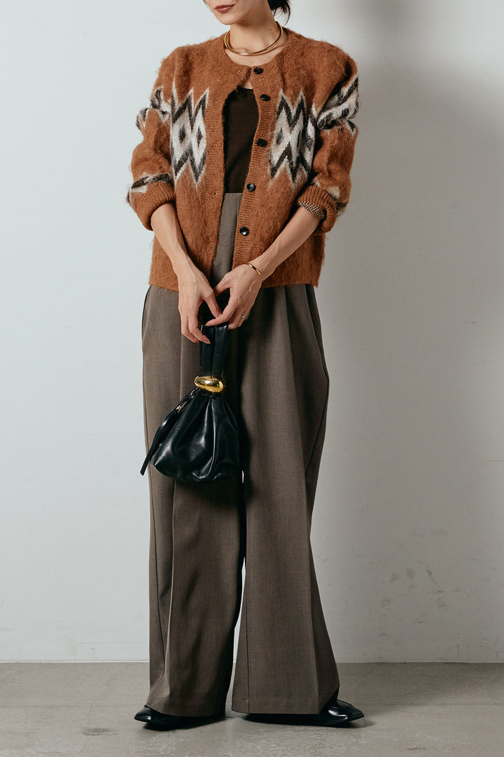 [SET]起毛ノルディック柄ニットカーディガン+ワイドツイルサロペット(2set)