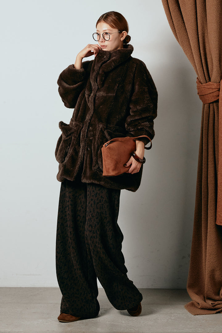 [SET]スタンドネックファーコート+レオパードジャガードニットパンツ(2set)