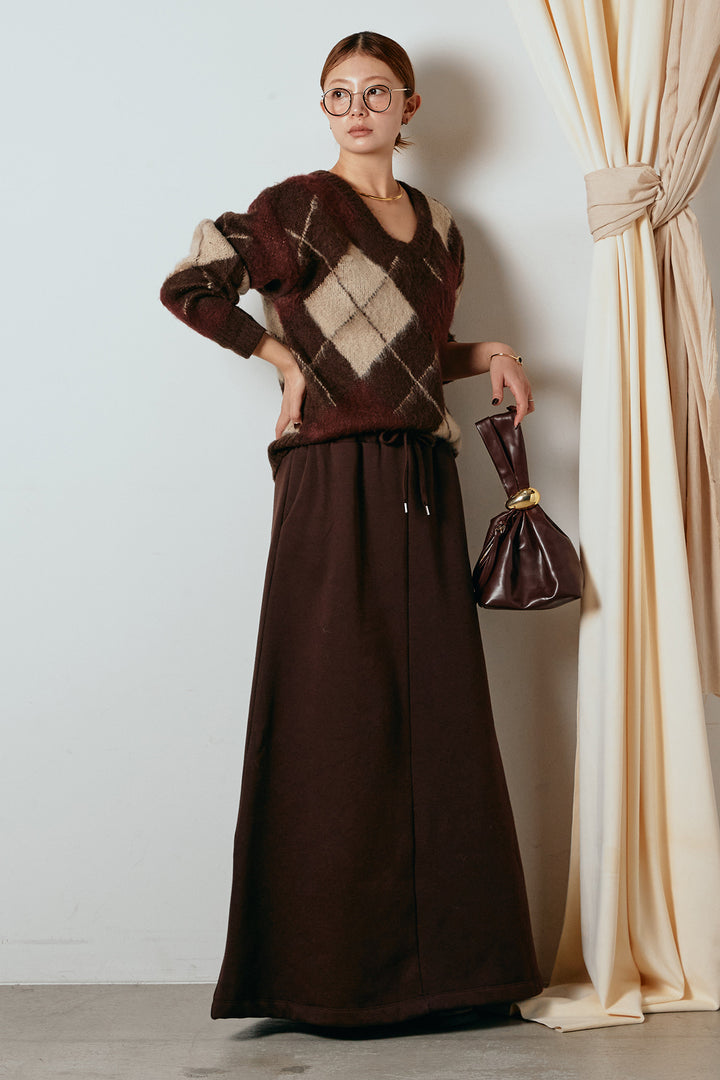 [SET]アクリルモヘアアーガイルVネックプルオーバー+裏起毛スウェットロングマキシスカート(2set)