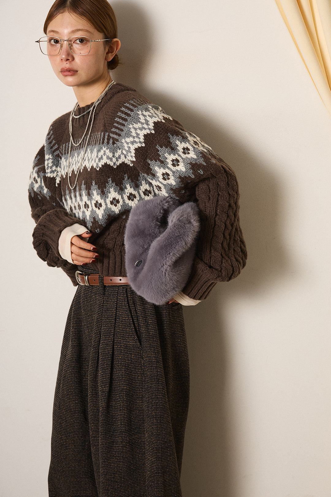 [SET]2WAY求心柄ジャガードショートカーディガン+起毛タック入りツイードワイドパンツ(2set)