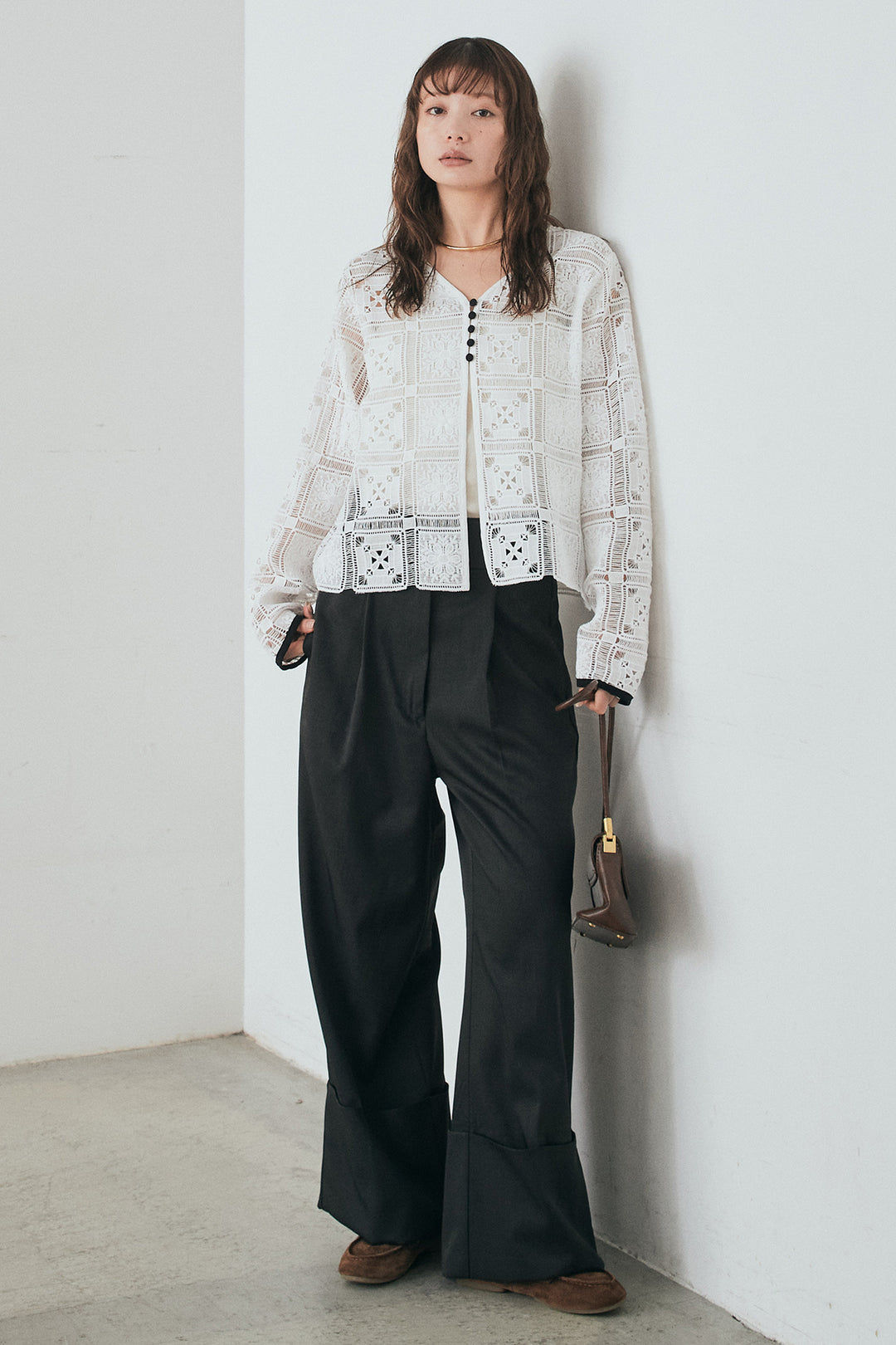 [SET]クロシェレースカーディガン+センタープレスセミワイドパンツ(2set)