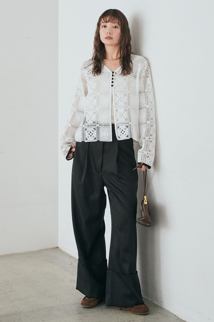 [SET]クロシェレースカーディガン+センタープレスセミワイドパンツ(2set)