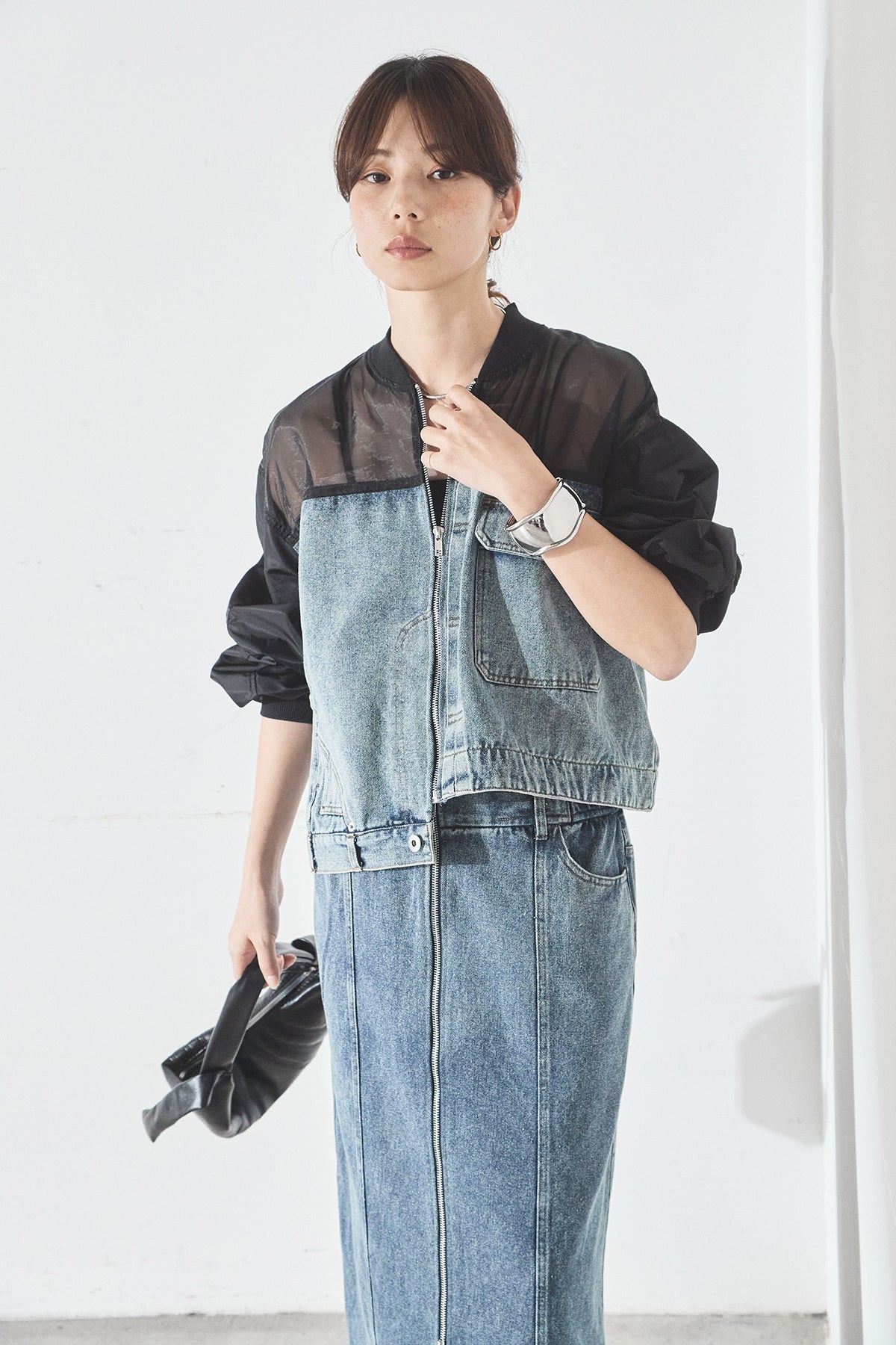 SET]デニムコンビネーションブルゾン+フロントジップデニムスカート