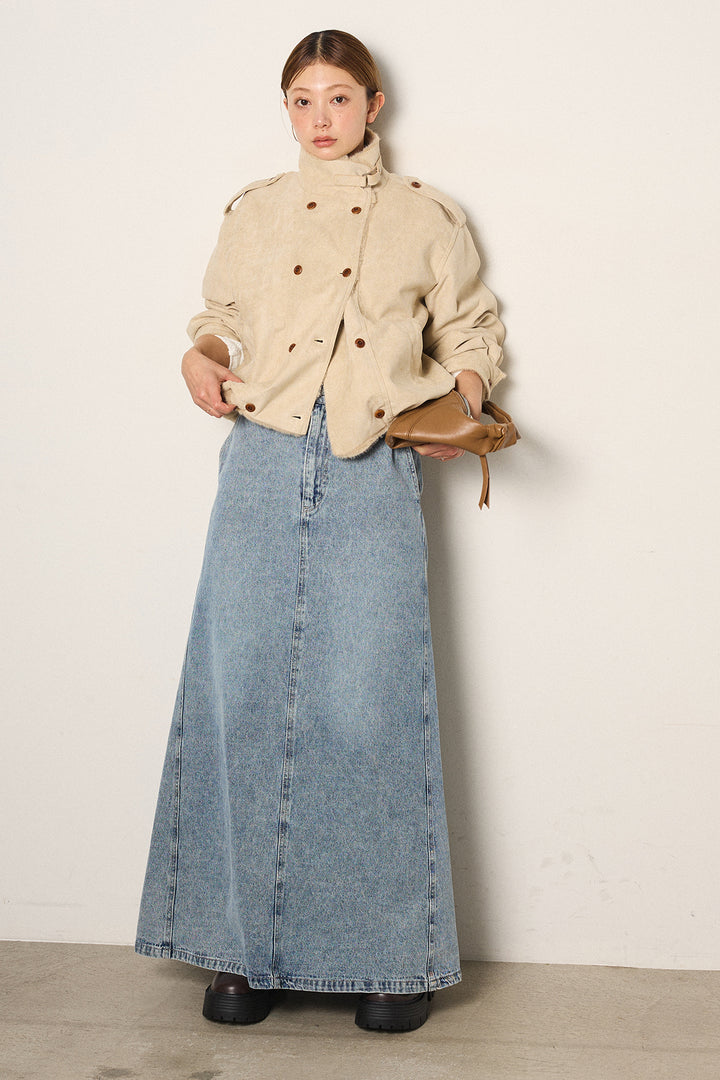 [SET]スタンド襟スウェードライクアウター+デニムロングフレアスカート(2set)