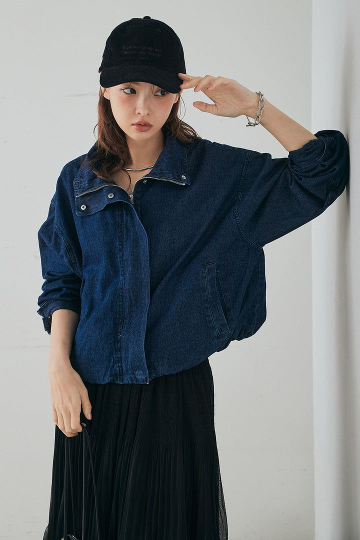 [SET]スタンドカラーデニムブルゾンジャケット+ボリュームシルエットチュールスカート(2set)