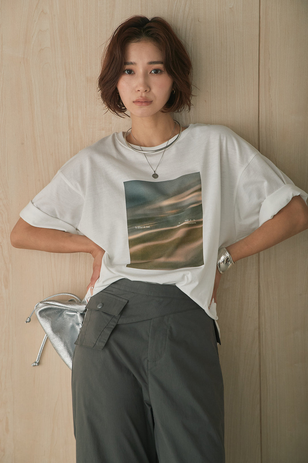 [SET]MarbleプリントTシャツ+ポケットベルト付きニーサイドタックパンツ(2set)
