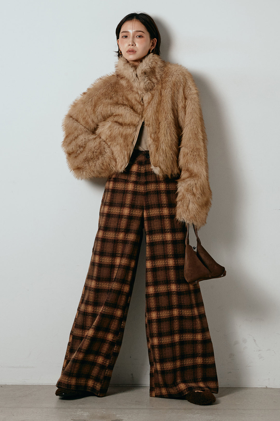 [SET]エコファーショート丈ブルゾン+ルーズタータンチェックワイドパンツ(2set)