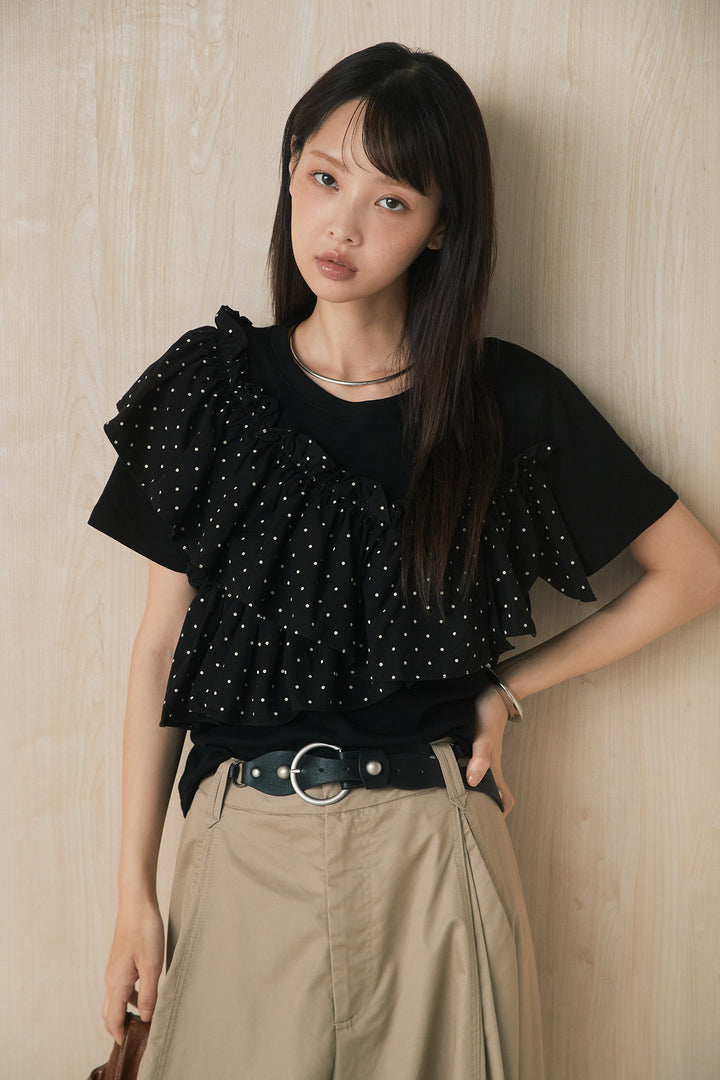 [SET]ドットアシメフリルデザインTシャツ+サークルバックルベルト付きタックワイドパンツ(2set)