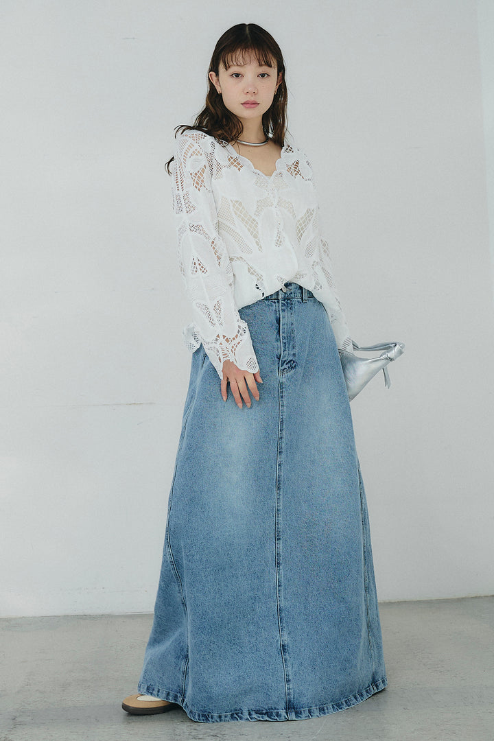 [SET]フラワー刺繍レースブラウス+デニムロングフレアスカート(2set)