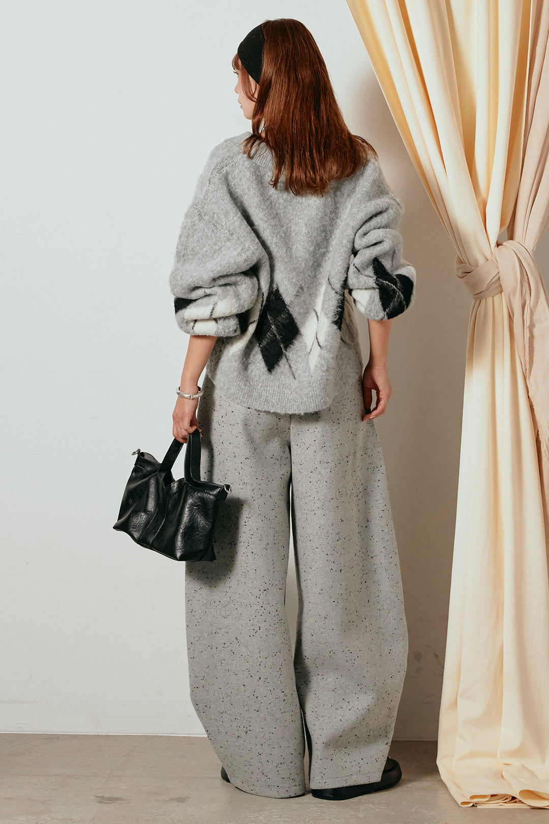 [SET]アーガイル柄ポロニットトップス+ベルト付きネップツイードカーブパンツ(2set)