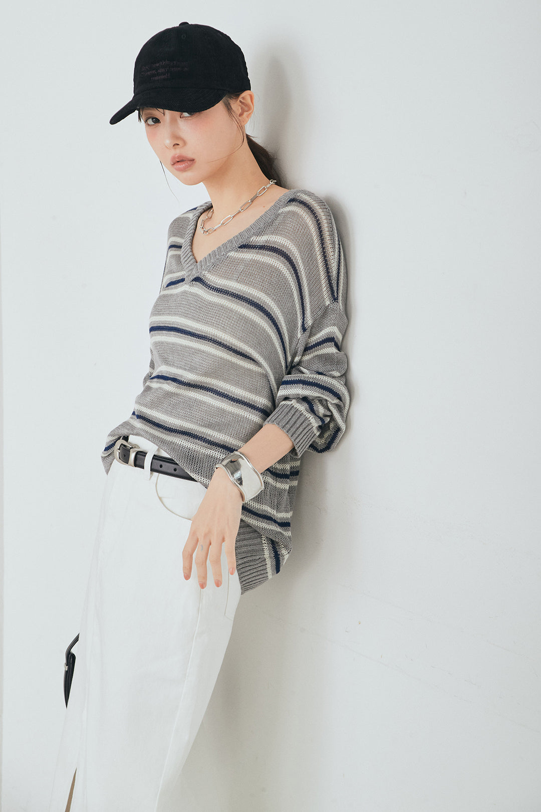 [SET]綿タッチVネックボーダートップス+裾レースデザインデニムスカート(2set)