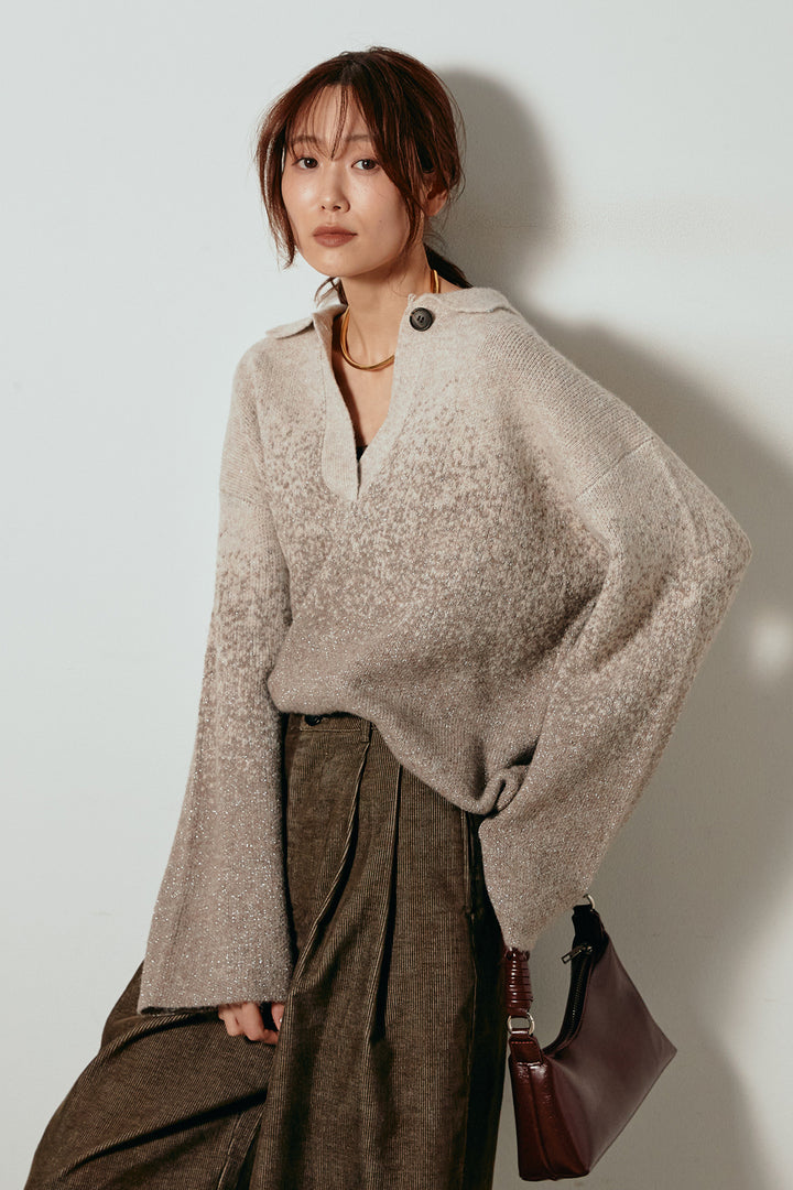 [SET]グラデーションラメニットキーネックプルオーバー+フロントタック入りコーデュロイパンツ(2set)