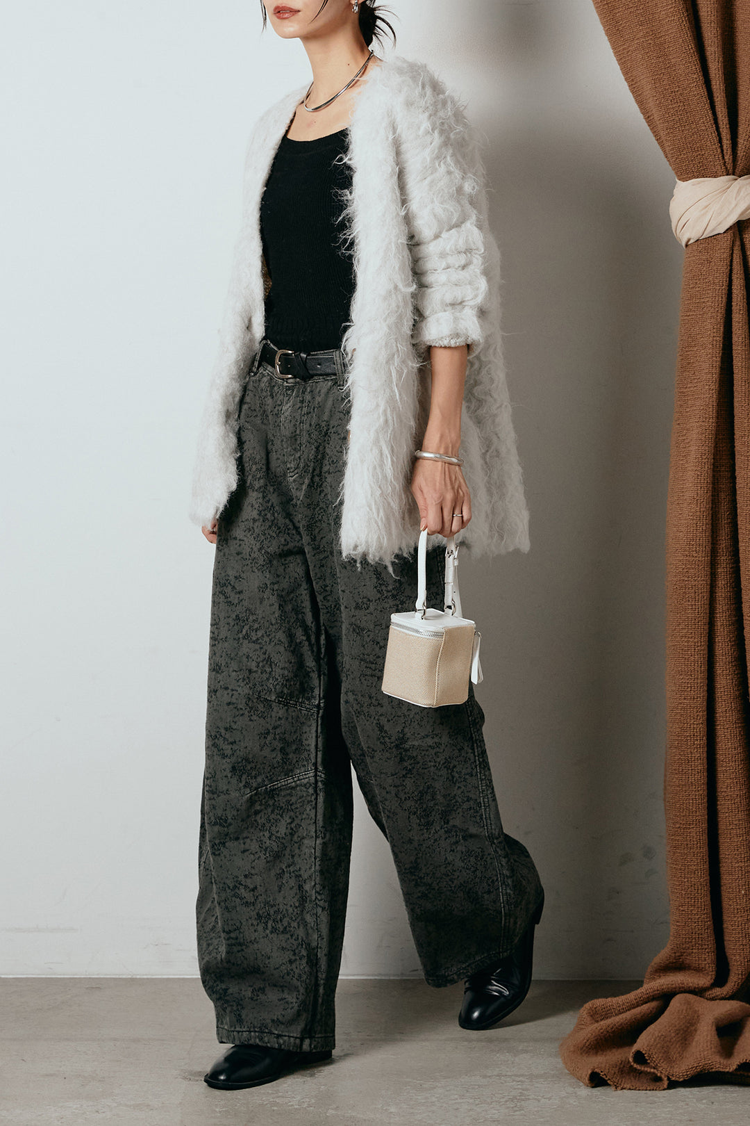 [SET]ウェーブシャギーニットジャケット+ベルト付きニュアンス柄カーブワイドパンツ(2set)