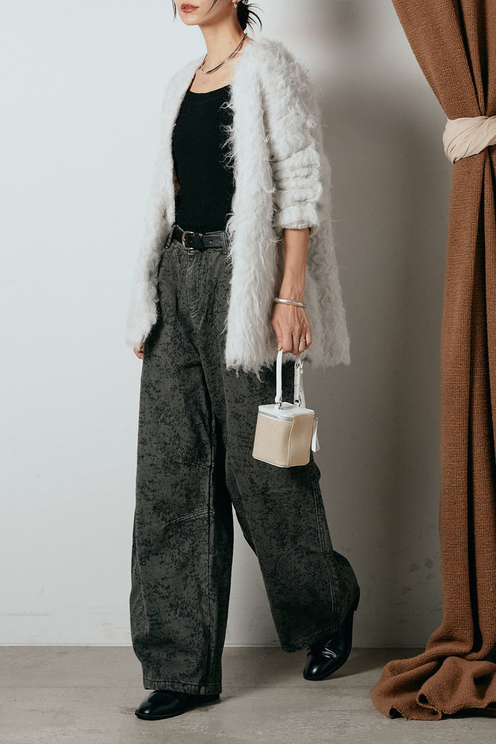 [SET]ウェーブシャギーニットジャケット+ベルト付きニュアンス柄カーブワイドパンツ(2set)