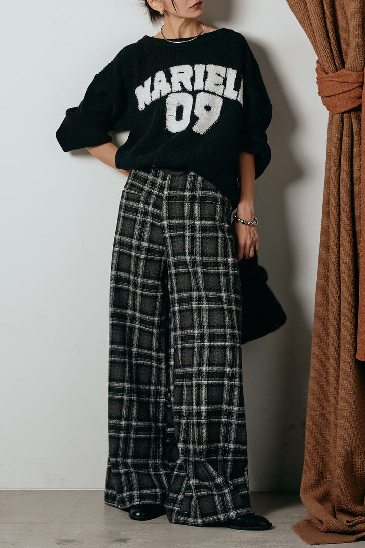 [SET]ロゴジャガードニットトップス+ルーズタータンチェックワイドパンツ(2set)