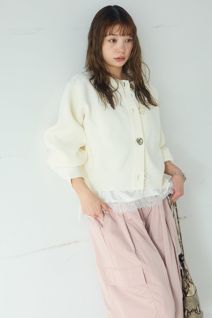 [SET]スポンディッシュBIGボタンクルーネックカーディガン+ブロード切り替えぺプラムタンク(2set)