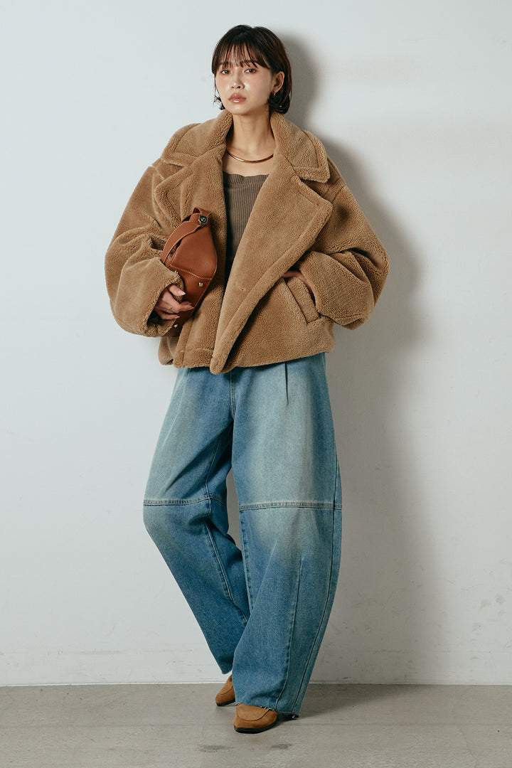 【2月中旬発送】
[SET]テディボアショートジャケット+加工デニムタックコクーンワイドパンツ(2set)