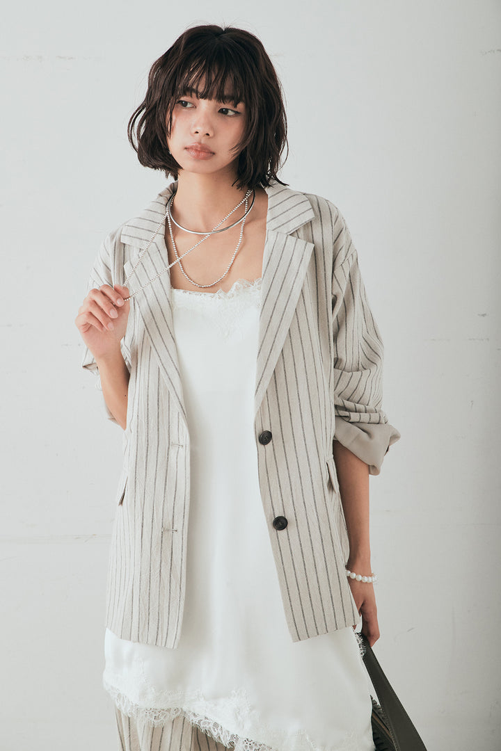 [SET]リネンライクストライプテーラードジャケット+リネンライクストライプタックイージーパンツ(2set)