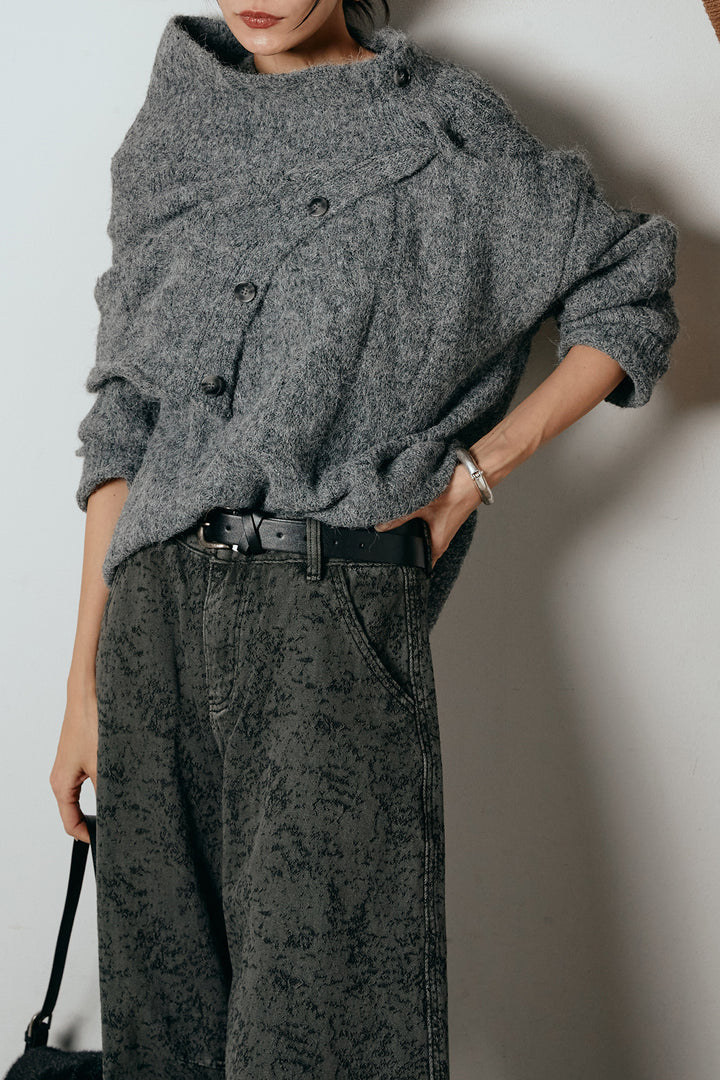 [SET]ケープデザインケーブルニットトップス+ベルト付きニュアンス柄カーブワイドパンツ(2set)