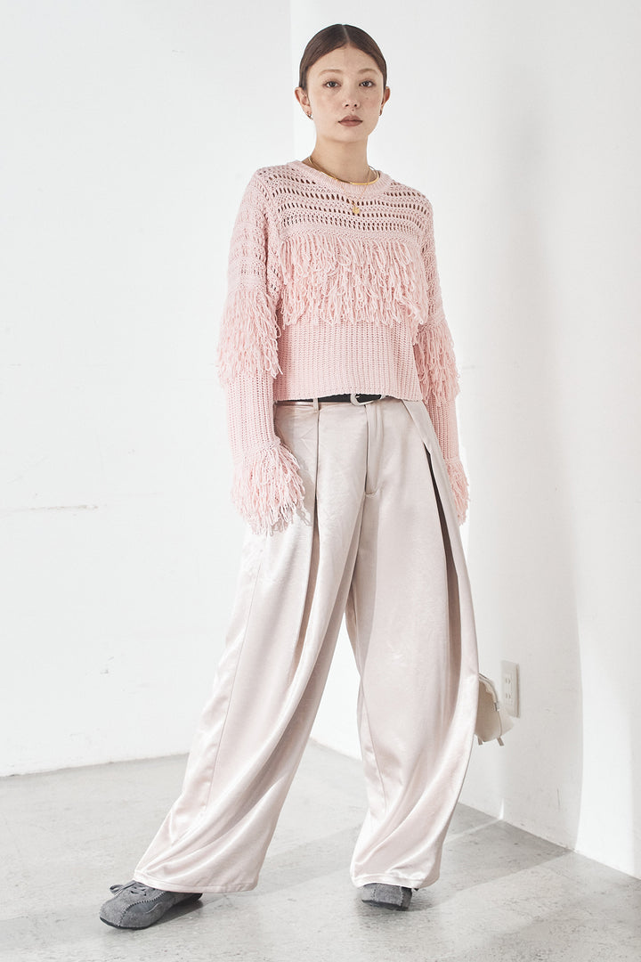 [SET]メッシュフリンジ切り替えプルオーバー+サテンタックワイドパンツ(2set)