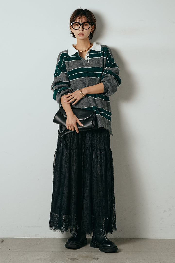 [SET]ラガーニットボーダーポロプルオーバー+ひげレース切替ロング丈スカート(2set)