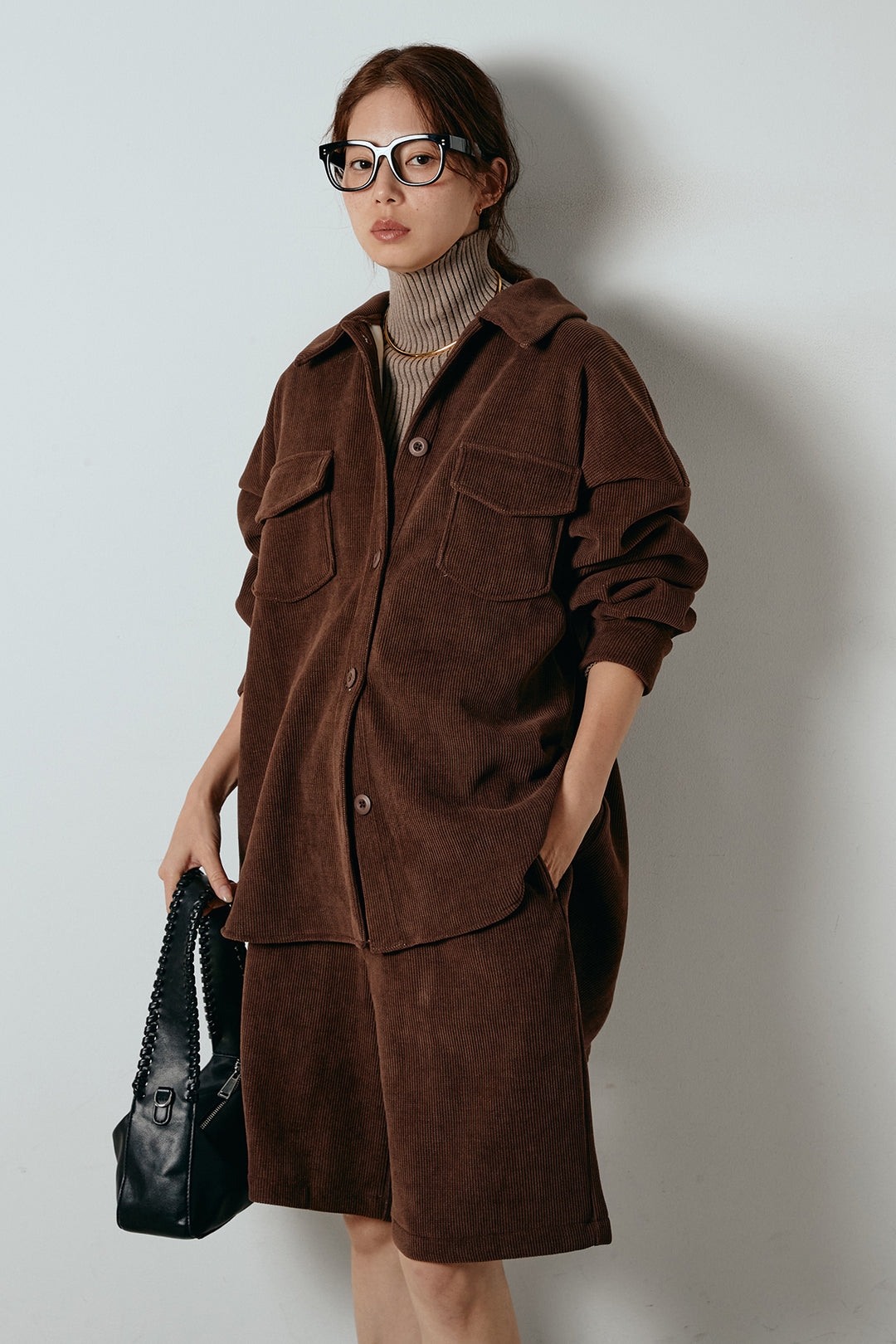 [SET]襟付きコーデュロイポケットシャツ+リラックスコーデュロイハーフパンツ(2set)