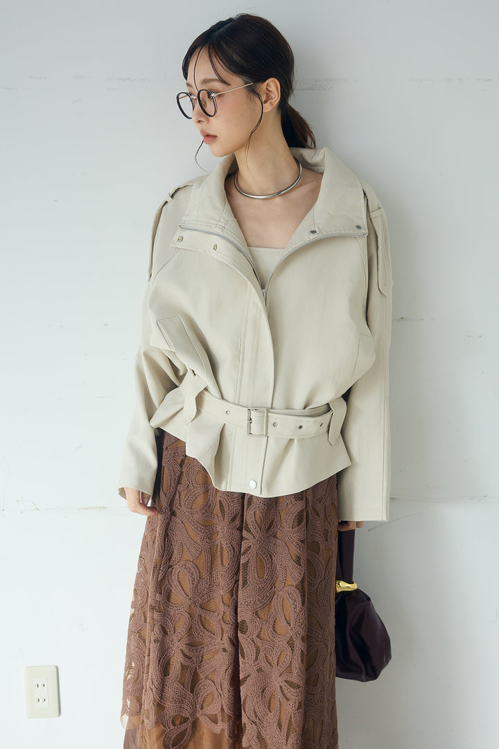 [SET]ベルト付きスタンドネックアウター+ニュアンス柄刺繍スカート(2set)