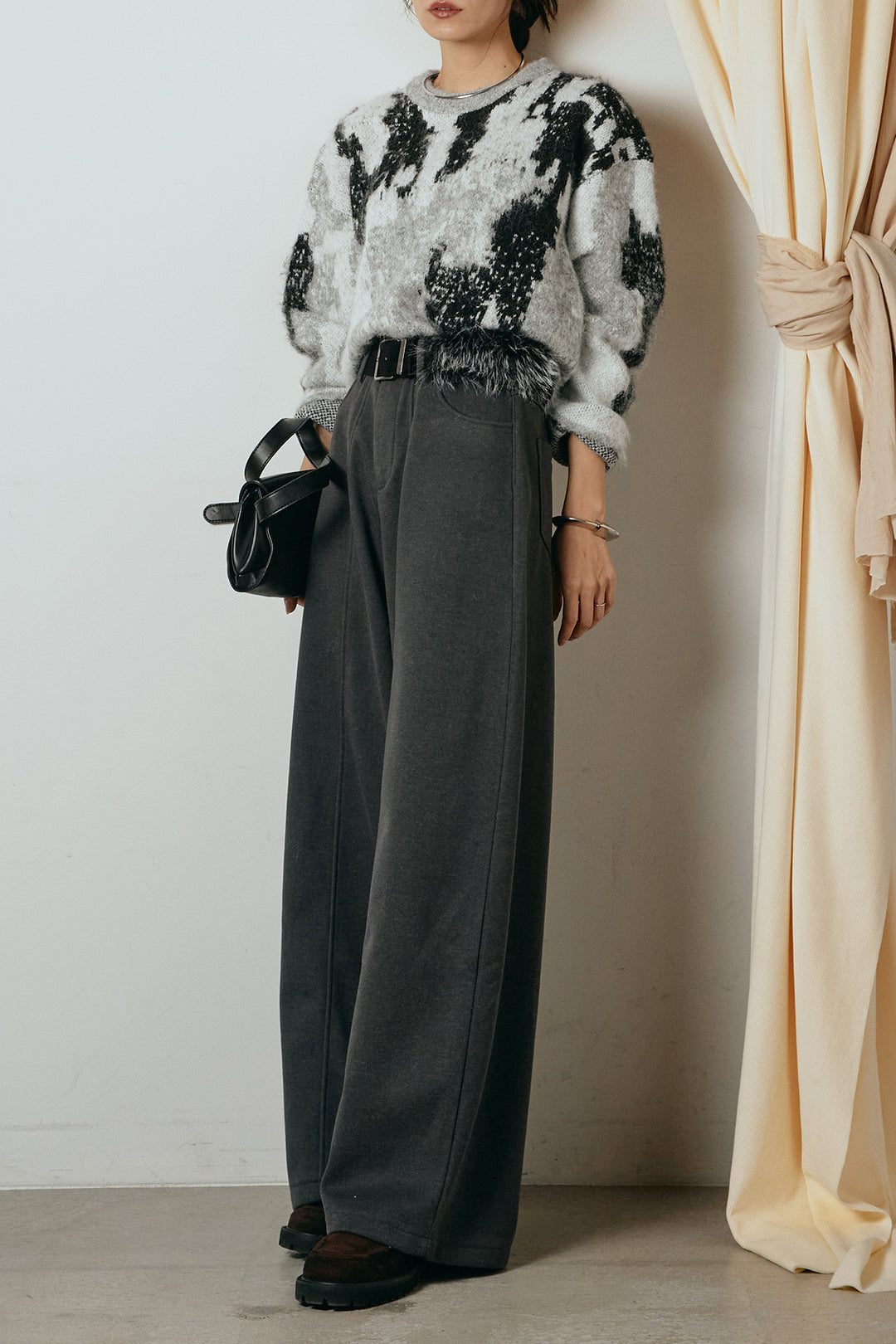 [SET]起毛ニュアンス柄ニットプルオーバー+ファーベルト付きワイドパンツ(2set)