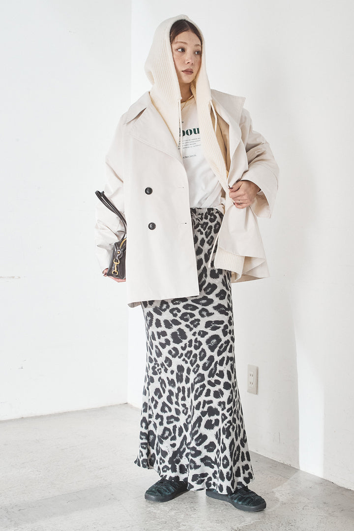 [SET]ナイロントレンチコート+レオパードサテンナロースカート(2set)