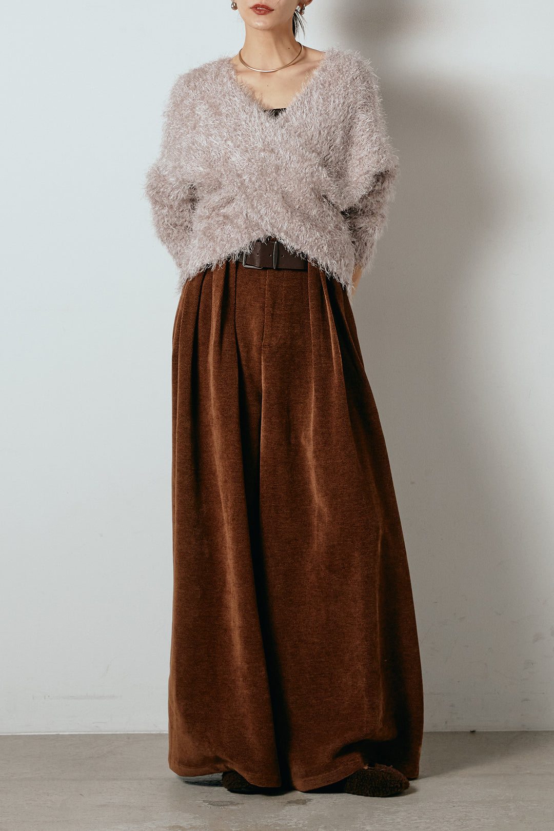 [SET]シャギークロスニットトップス+ベルトループコーデュロイワイドパンツ(2set)