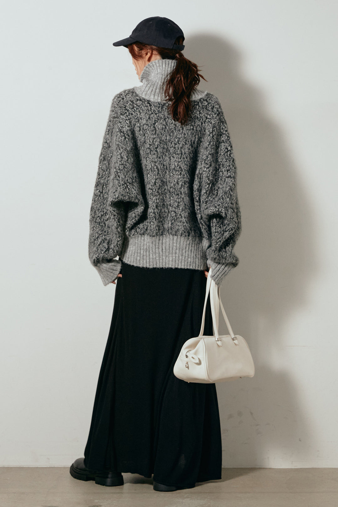[SET]ハイネックミックスニットトップス+サイド切り替えリブニットロングスカート(2set)