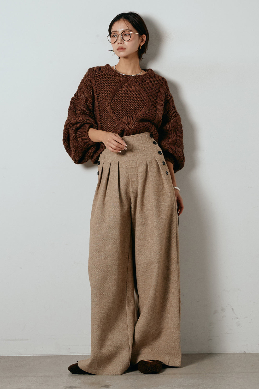 [SET]ロービングケーブルショート丈プルオーバー+サイドボタンツイードタックパンツ(2set)