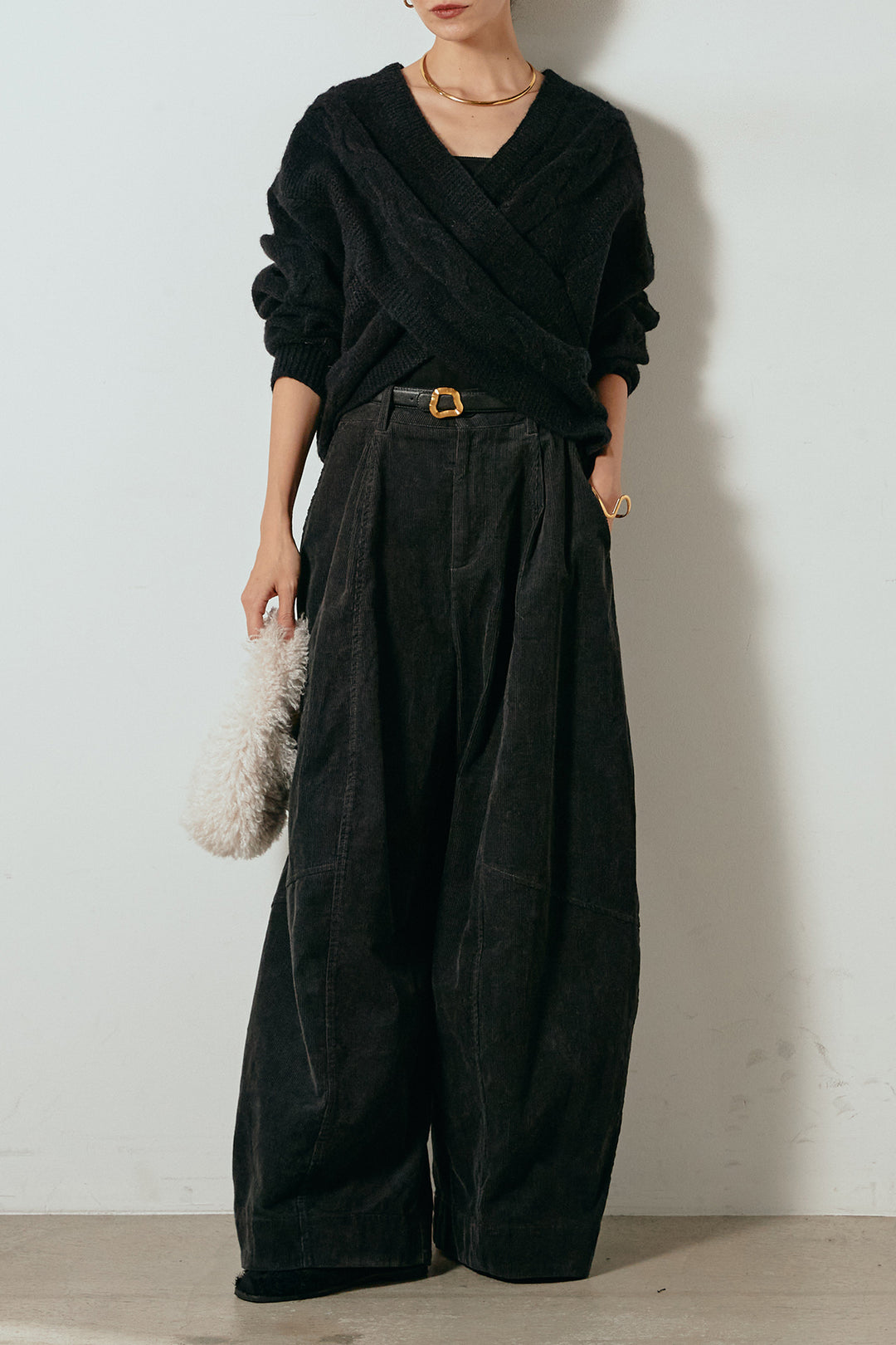 [SET]ケーブルカシュクールニットトップス+タック入りコーデュロイワイドパンツ(2set)