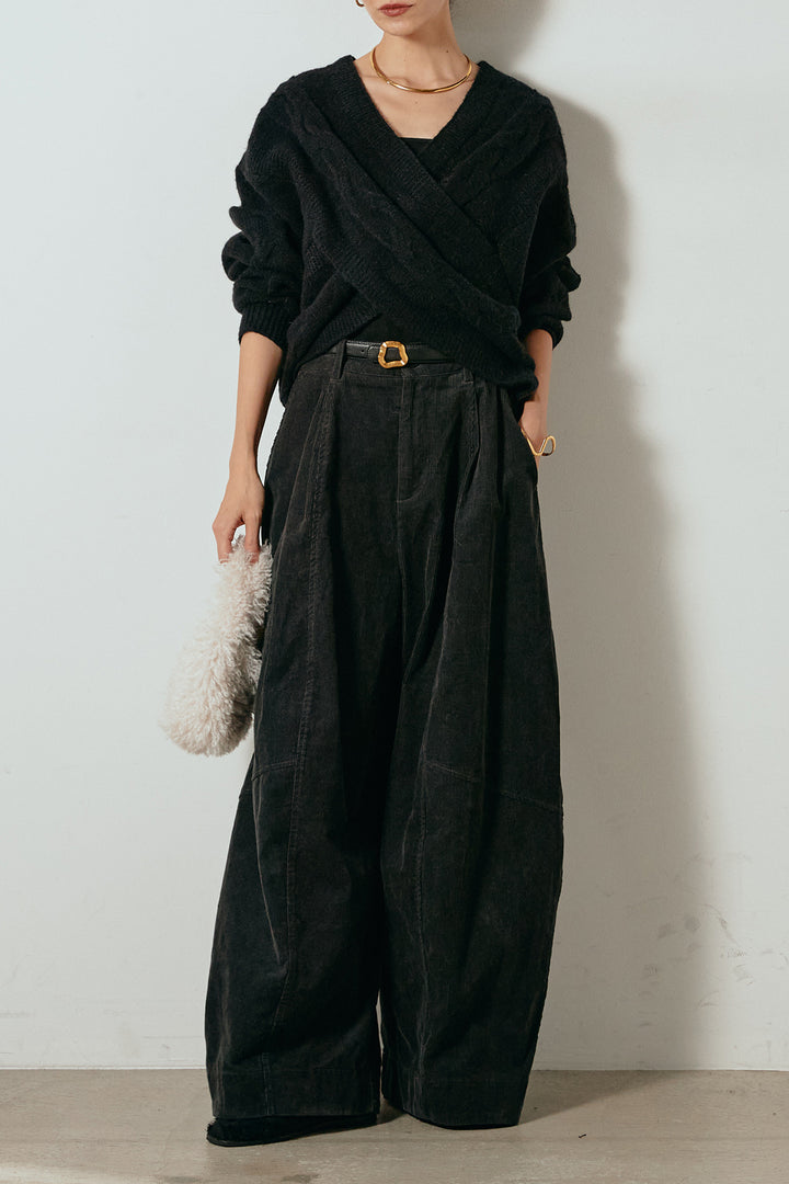 [SET]ケーブルカシュクールニットトップス+タック入りコーデュロイワイドパンツ(2set)
