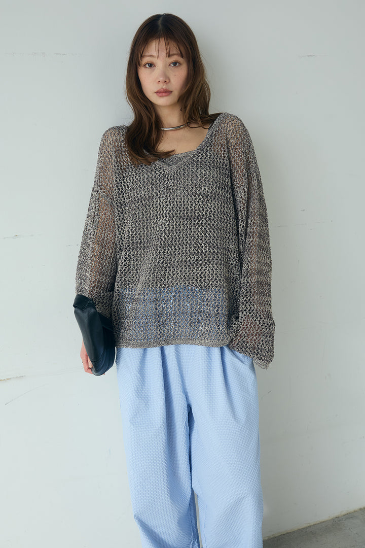 [SET]メッシュ編みビスチェセットVネックプルオーバー+シアサッカーイージーパンツ(2set)