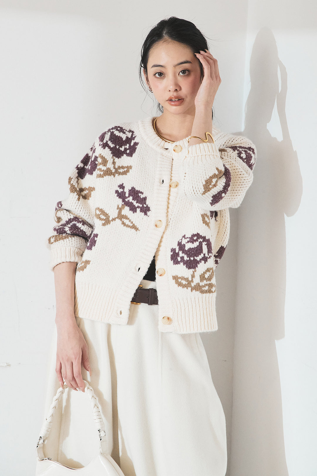 [SET]花柄ジャガードニットカーディガン+ウールタッチカーブワイドパンツ(2set)