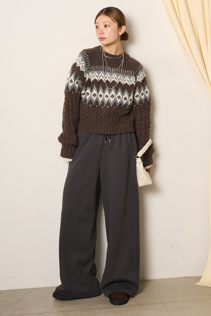 [SET]2WAY求心柄ジャガードショートカーディガン+裏起毛スウェットワイドパンツ(2set)