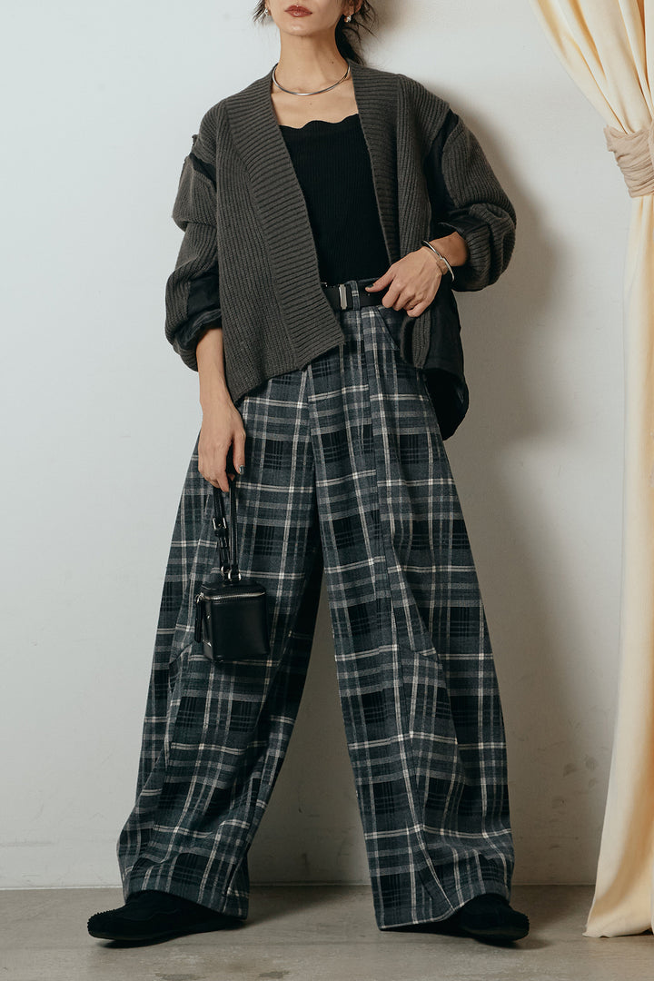 [SET]キルティング切り替えニットカーディガン+ベルト付きタータンチェックカーブワイドパンツ(2set)
