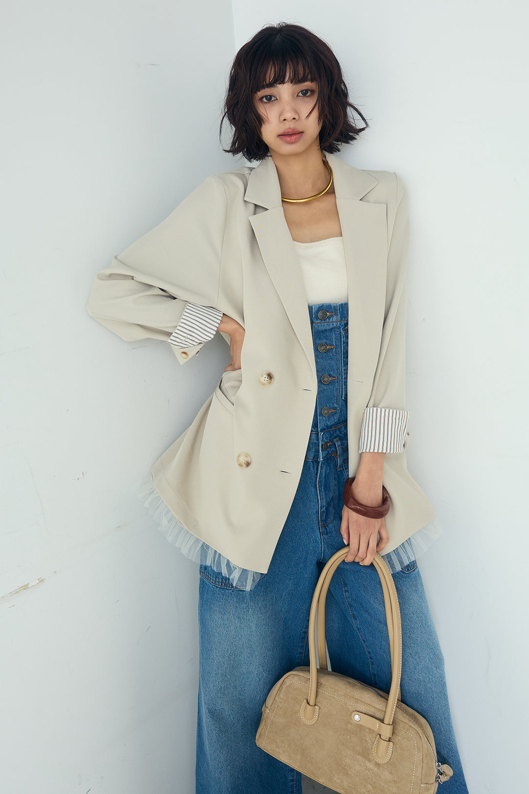 [SET]裾フリルダブルジャケット+デニムサロペットワイドパンツ(2set)