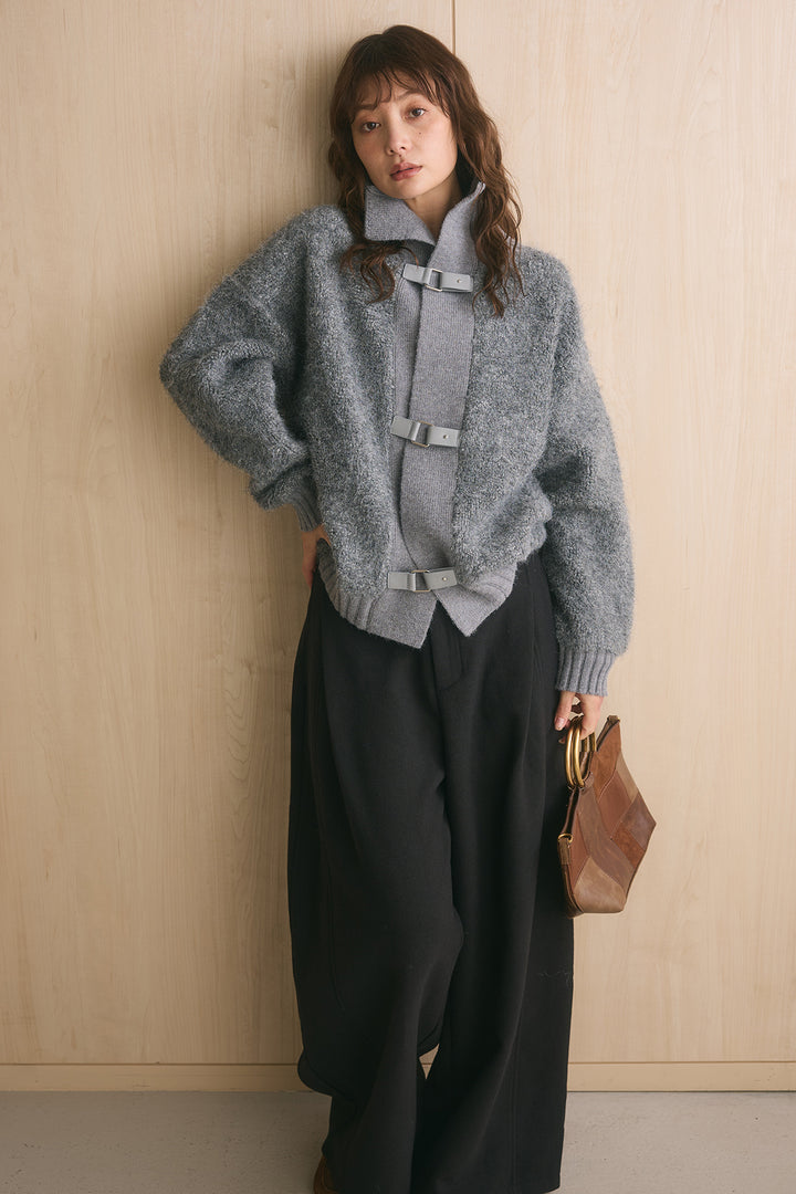 [SET]ブークレーハイネックニットジャケット+ポーチベルト付きカーブパンツ(2set)