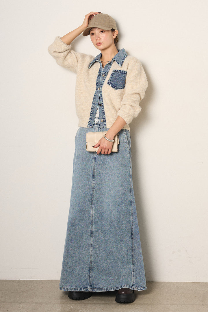 [SET]襟付きデニム切替ニットカーディガン+デニムロングフレアスカート(2set)
