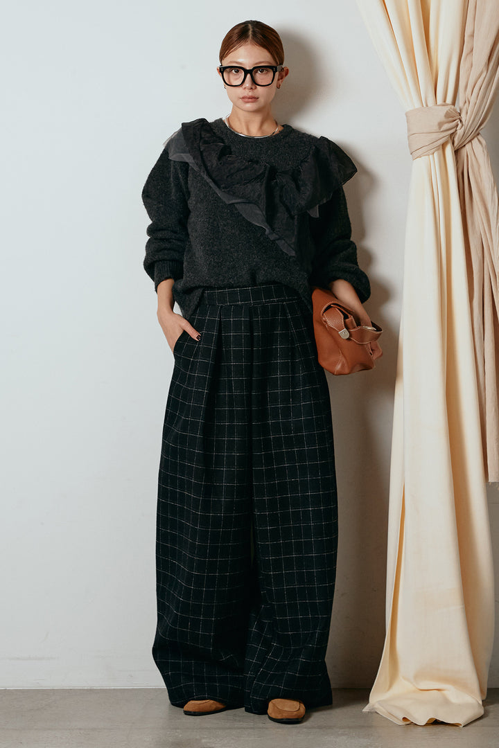 [SET]アシンメトリーフリルニットトップス+ウールライクチェックタックパンツ(2set)